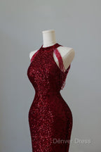 Simple Mermaid Scoop Neckline Burgundy Sequin Long Party Dresses Prom Dresses