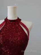 Simple Mermaid Scoop Neckline Burgundy Sequin Long Party Dresses Prom Dresses