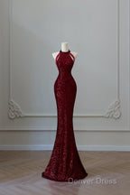 Simple Mermaid Scoop Neckline Burgundy Sequin Long Party Dresses Prom Dresses