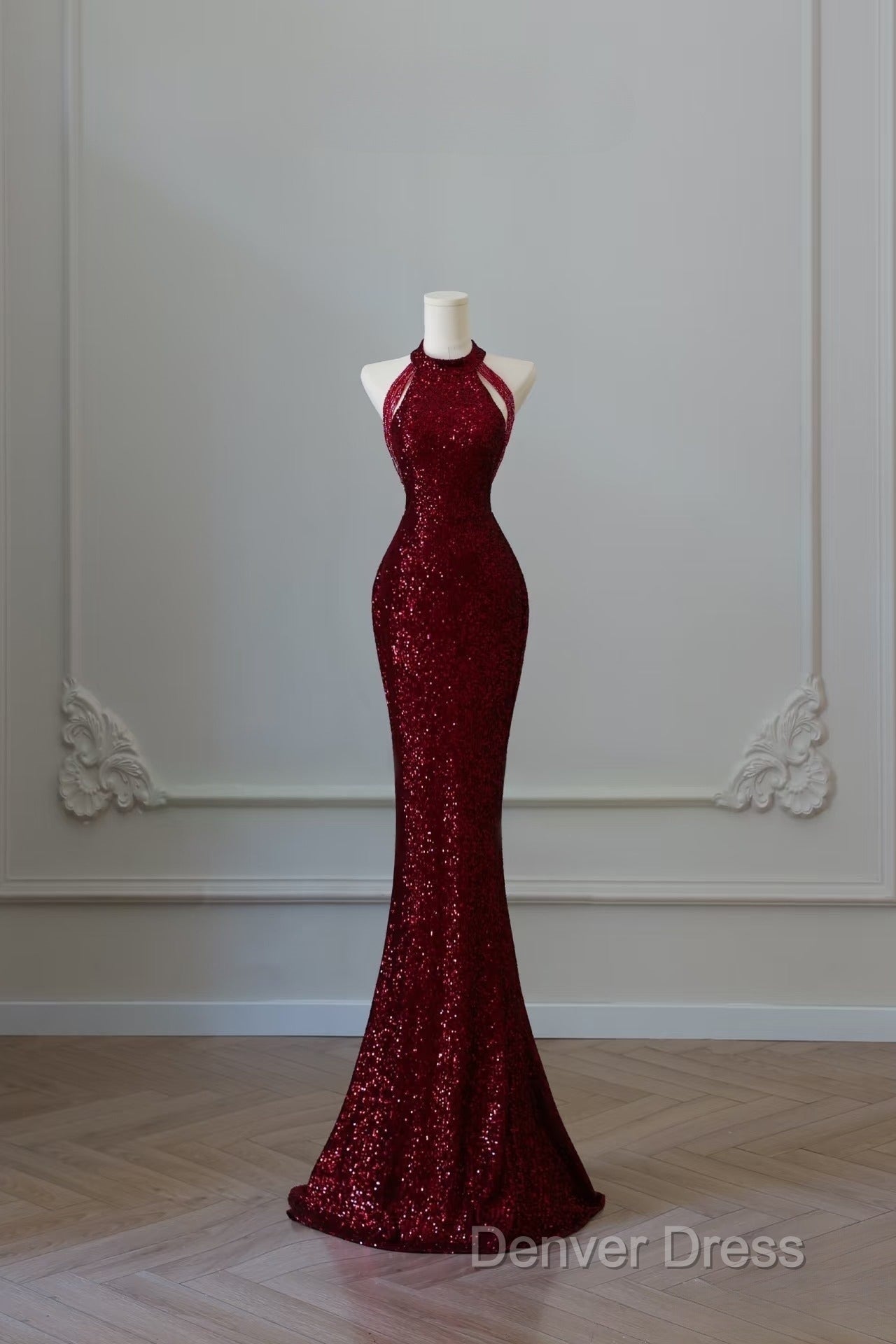 Simple Mermaid Scoop Neckline Burgundy Sequin Long Party Dresses Prom Dresses