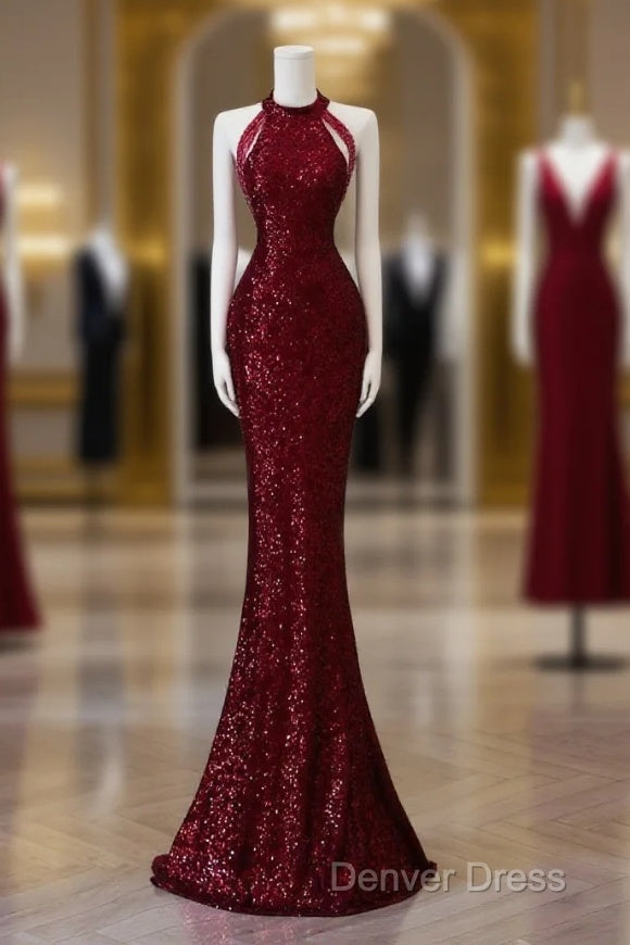 Simple Mermaid Scoop Neckline Burgundy Sequin Long Party Dresses Prom Dresses Main image