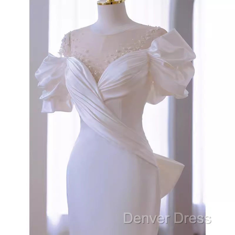 Simple Mermaid Scoop Neckline Satin White Long Wedding Dresses Secondary image
