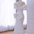 Simple Mermaid Scoop Neckline Satin White Long Wedding Dresses