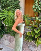 Simple Mermaid Sleeveless Strapless Velvet Long Prom Dresses