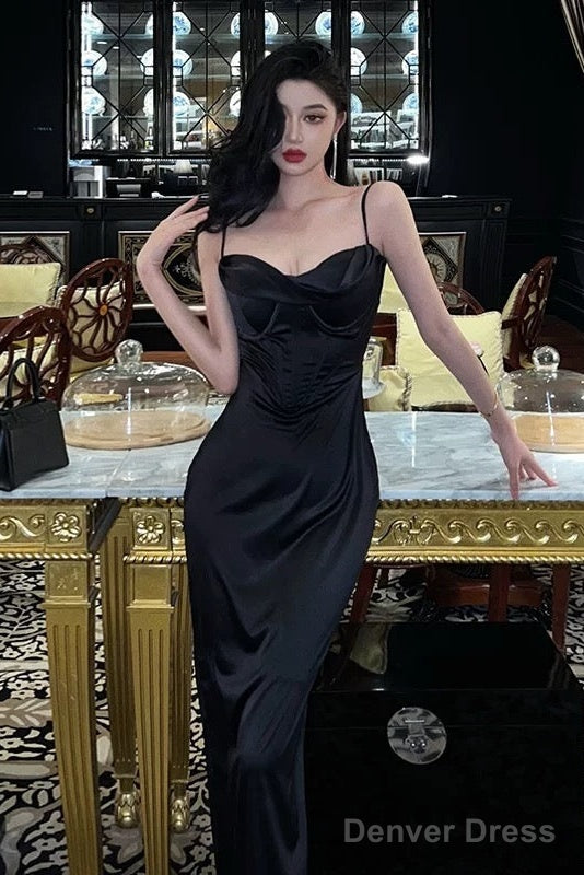 Simple Mermaid Spaghetti Straps Black Ankle Length Prom Dresses Birthday Outfits