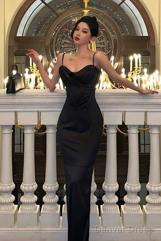 Simple Mermaid Spaghetti Straps Black Ankle Length Prom Dresses Birthday Outfits