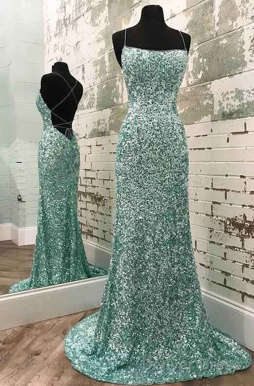 Simple Mermaid Sparkle Scoop Neck Cross Back Sequin Prom Dresses Main image