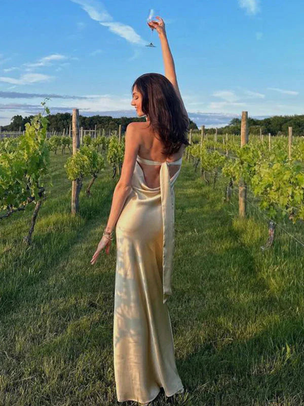 Simple Mermaid Strapless Neckline Long Prom Dress Satin Yellow Prom Dresses Secondary image