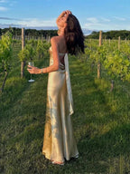 Simple Mermaid Strapless Neckline Long Prom Dress Satin Yellow Prom Dresses