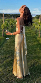 Simple Mermaid Strapless Neckline Long Prom Dress Satin Yellow Prom Dresses
