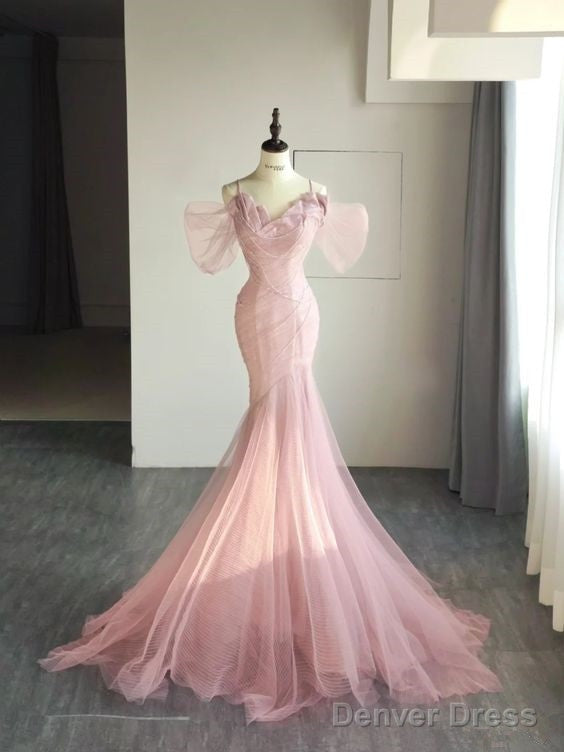Simple Mermaid Straps Pink Tulle Long Prom Dress Main image