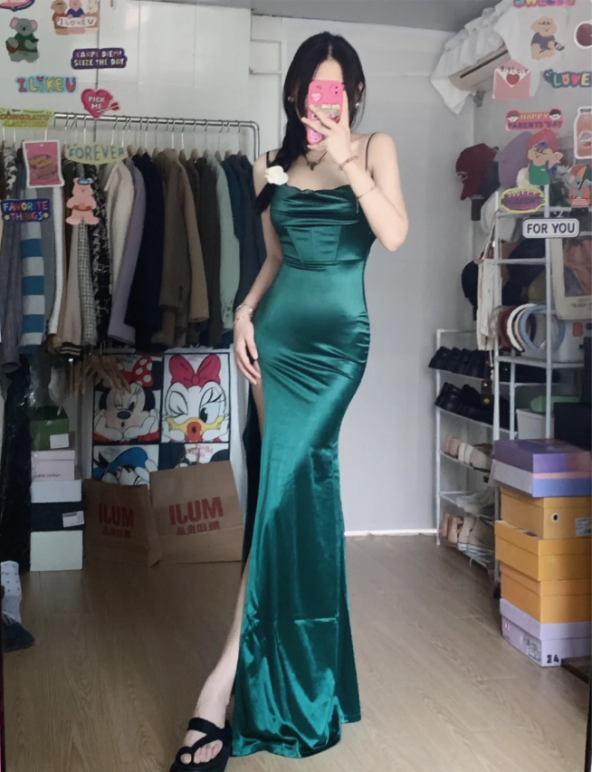 Simple Mermaid Dark Green Thin Strap High Slit Satin Long Prom Dresses Evening Dresses Secondary image