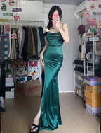 Simple Mermaid Dark Green Thin Strap High Slit Satin Long Prom Dresses Evening Dresses