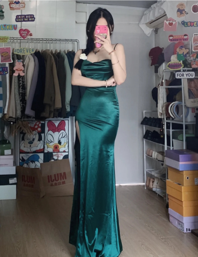 Simple Mermaid Dark Green Thin Strap High Slit Satin Long Prom Dresses Evening Dresses