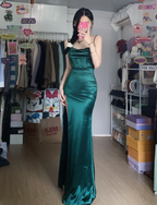 Simple Mermaid Dark Green Thin Strap High Slit Satin Long Prom Dresses Evening Dresses