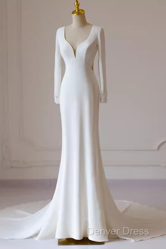 Simple Mermaid V Neckline Satin Ivory Long Sleeves Wedding Dresses