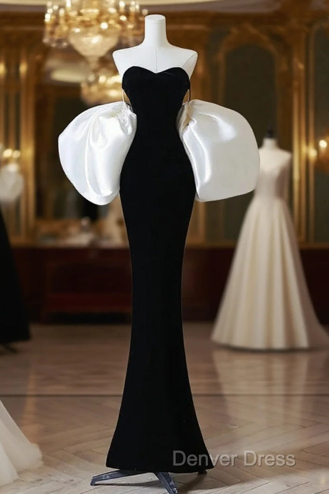 Simple Mermaid Velvet Puff Sleeves Black Long Prom Dresses, Black Evening Dresses Main image