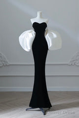 Simple Mermaid Velvet Puff Sleeves Black Long Prom Dress, Black Evening Dress