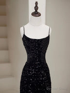 Simple Mermaid Velvet Sequin Black Long Prom Dress, Black Long Prom Dresses