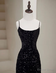 Simple Mermaid Velvet Sequin Black Long Prom Dress, Black Long Evening Dress