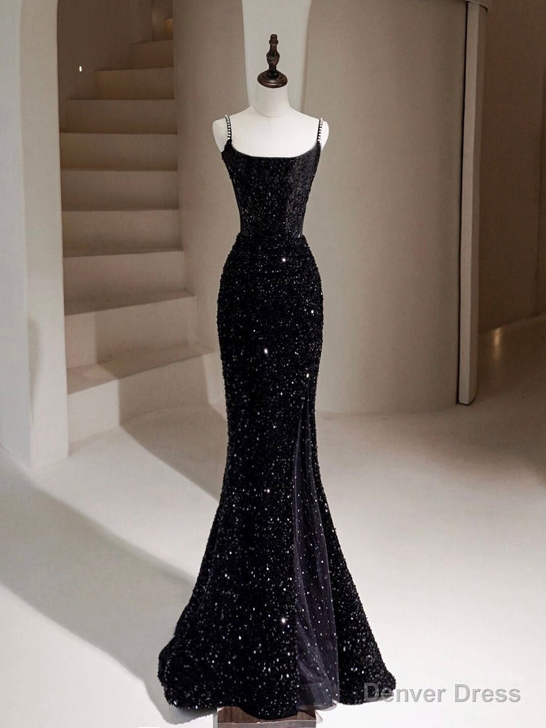 Simple Mermaid Velvet Sequin Black Long Prom Dress, Black Long Evening Dress Main image