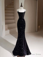 Simple Mermaid Velvet Sequin Black Long Prom Dress, Black Long Prom Dresses