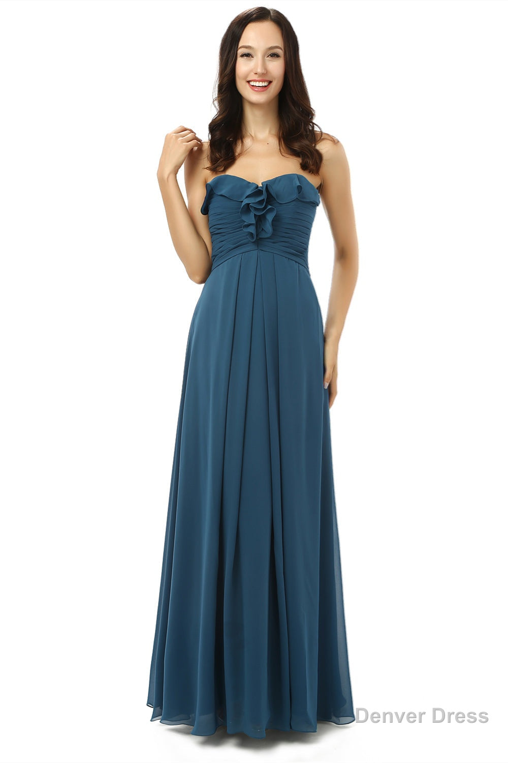 Simple Navy Blue Chiffon Sweetheart Floor Length Bridesmaid Dresses Secondary image
