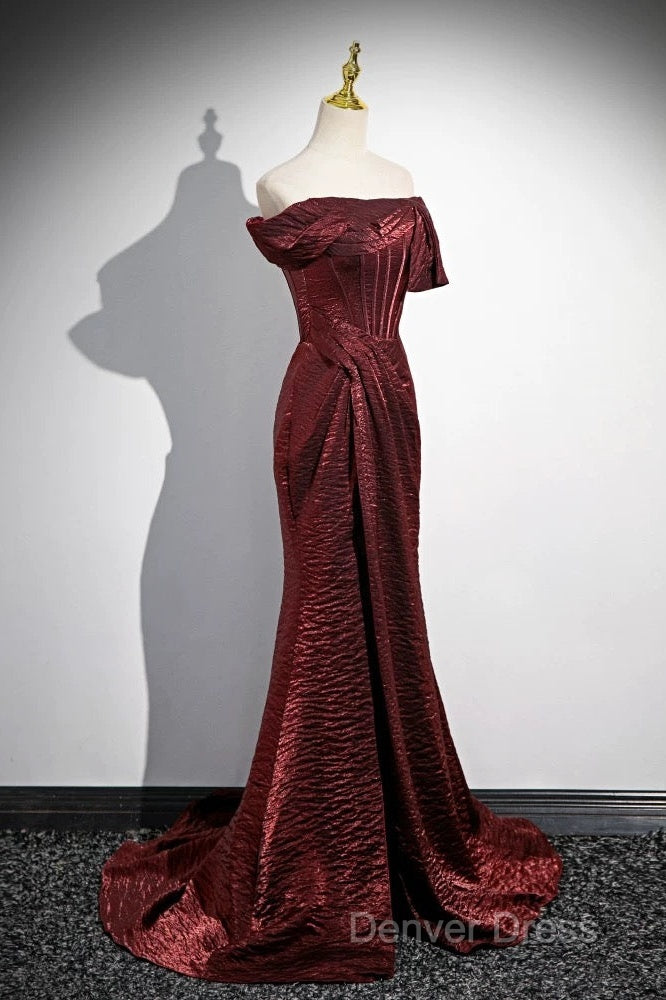 Simple Off Shoulder Burgundy Long Prom Dresses, Burgundy Long Formal Dresses Secondary image