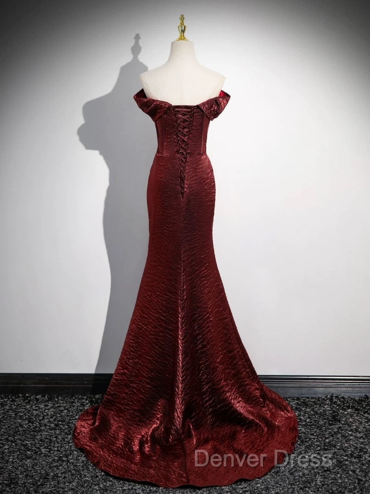 Simple Off Shoulder Burgundy Long Prom Dresses, Burgundy Long Formal Dresses