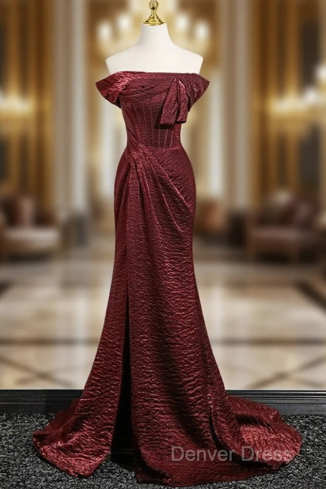 Simple Off Shoulder Burgundy Long Prom Dresses, Burgundy Long Formal Dresses