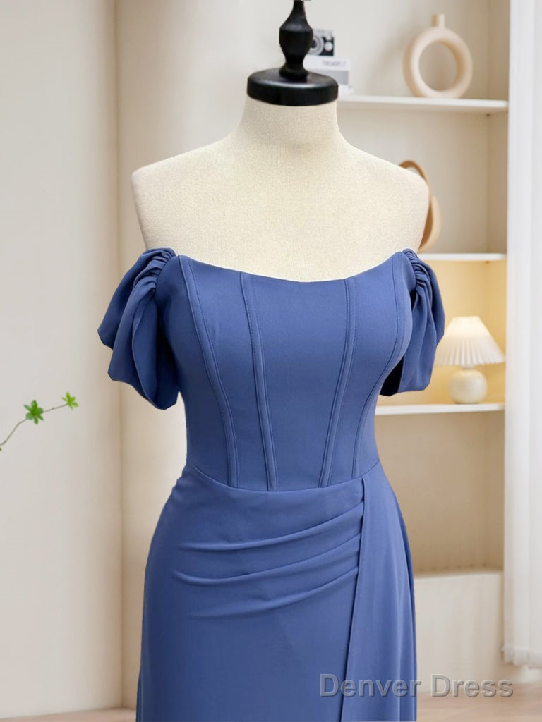 Simple Off Shoulder Gray Blue Long Prom Dress, Gray Blue Long Formal Dress Secondary image