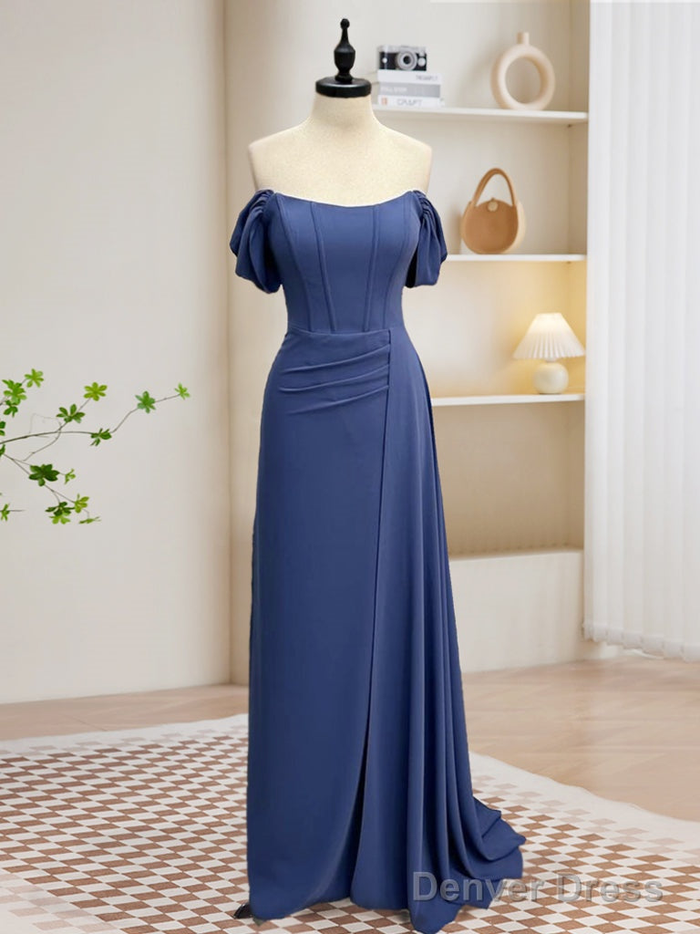 Simple Off Shoulder Gray Blue Long Prom Dress, Gray Blue Long Formal Dress Main image