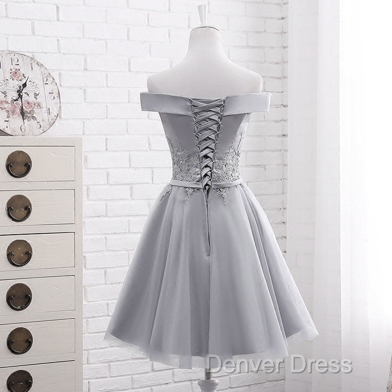 Simple Off Shoulder Grey Tulle Applique Bridesmaid Dress, Knee Length Prom Dress Secondary image