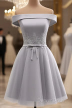 Simple Off Shoulder Grey Tulle Applique Bridesmaid Dress, Knee Length Prom Dress