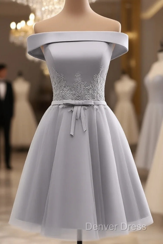 Simple Off Shoulder Grey Tulle Applique Bridesmaid Dress, Knee Length Prom Dress