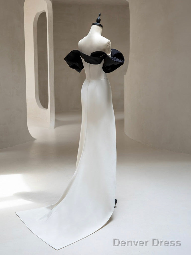 Simple Off Shoulder Satin Black/Beige Long Prom Dress, Black/Beige Long Formal Dress Secondary image