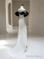 Simple Off Shoulder Satin Black/Beige Long Prom Dress, Black/Beige Long Formal Dress