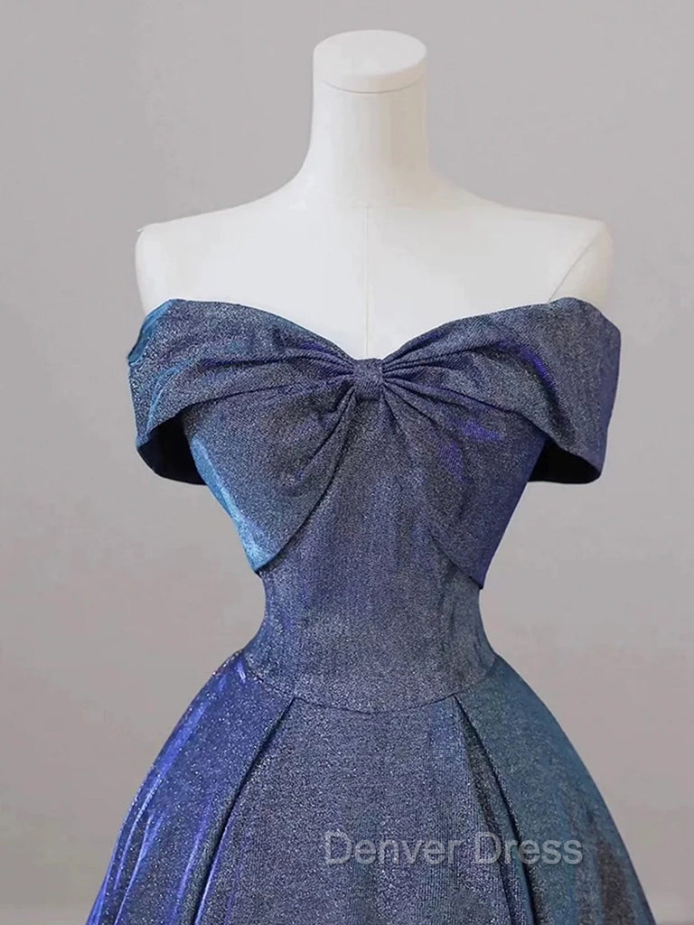 Simple Off Shoulder Satin Blue Long Prom Dresses, Blue Long Formal Dresses Secondary image