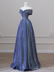 Simple Off Shoulder Satin Blue Long Prom Dress, Blue Long Formal Dress