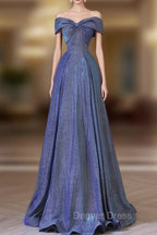 Simple Off Shoulder Satin Blue Long Prom Dresses, Blue Long Formal Dresses