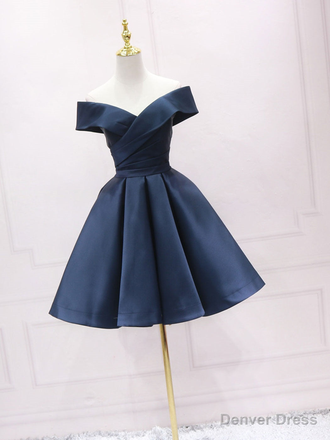 Simple Off Shoulder Satin Dark Blue Short Prom Dress, Blue Homecoming Dresses Secondary image
