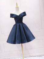 Simple Off Shoulder Satin Dark Blue Short Prom Dress, Blue Homecoming Dresses