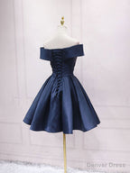 Simple Off Shoulder Satin Dark Blue Short Prom Dress, Blue Homecoming Dresses