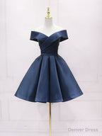 Simple Off Shoulder Satin Dark Blue Short Prom Dress, Blue Homecoming Dress