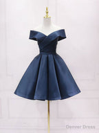 Simple Off Shoulder Satin Dark Blue Short Prom Dress, Blue Homecoming Dresses