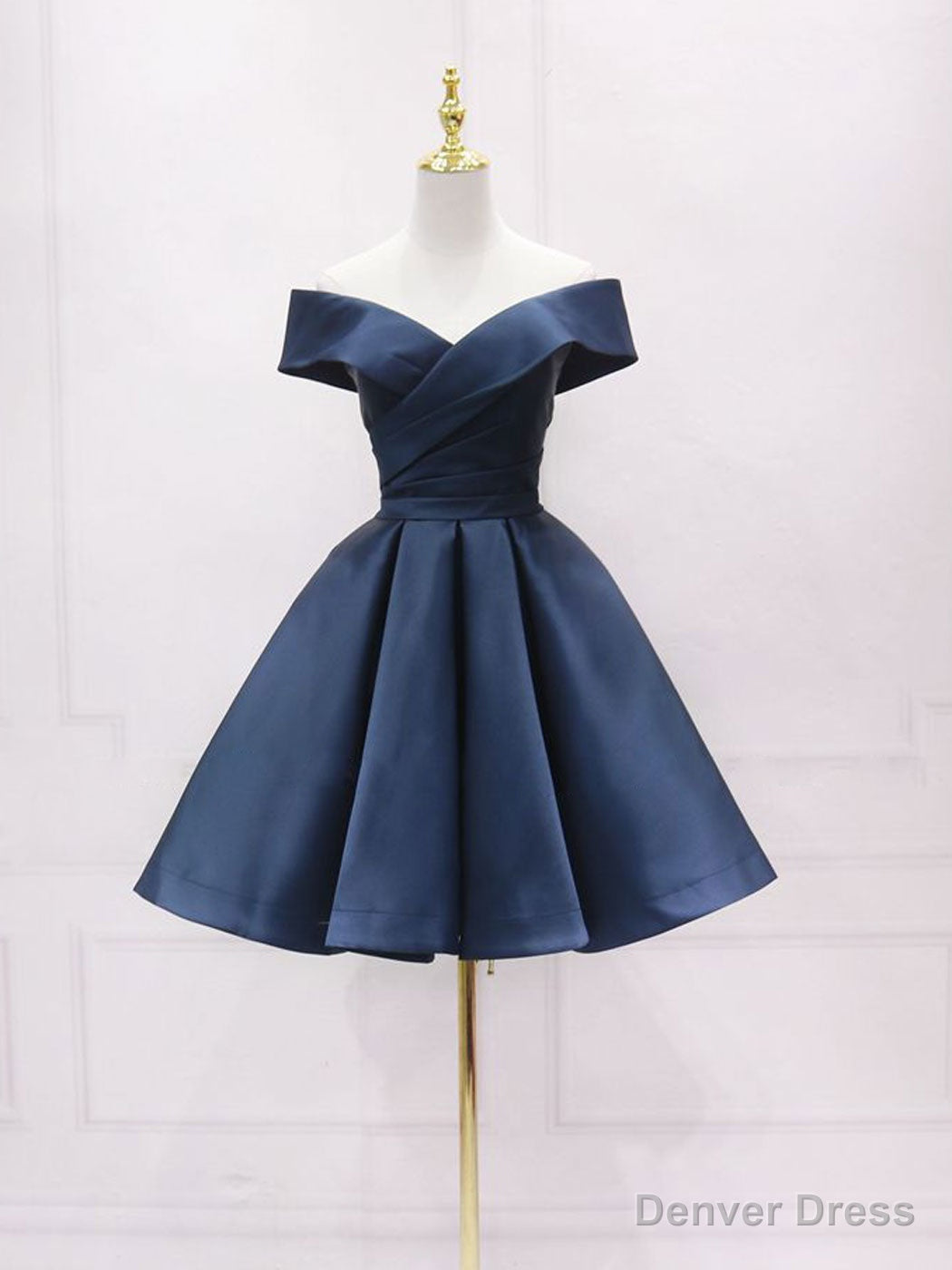 Simple Off Shoulder Satin Dark Blue Short Prom Dress, Blue Homecoming Dresses