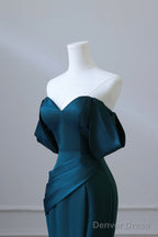 Simple Off Shoulder Satin Ink Blue Long Prom Dress, Ink Blue Mermaid Formal Dress