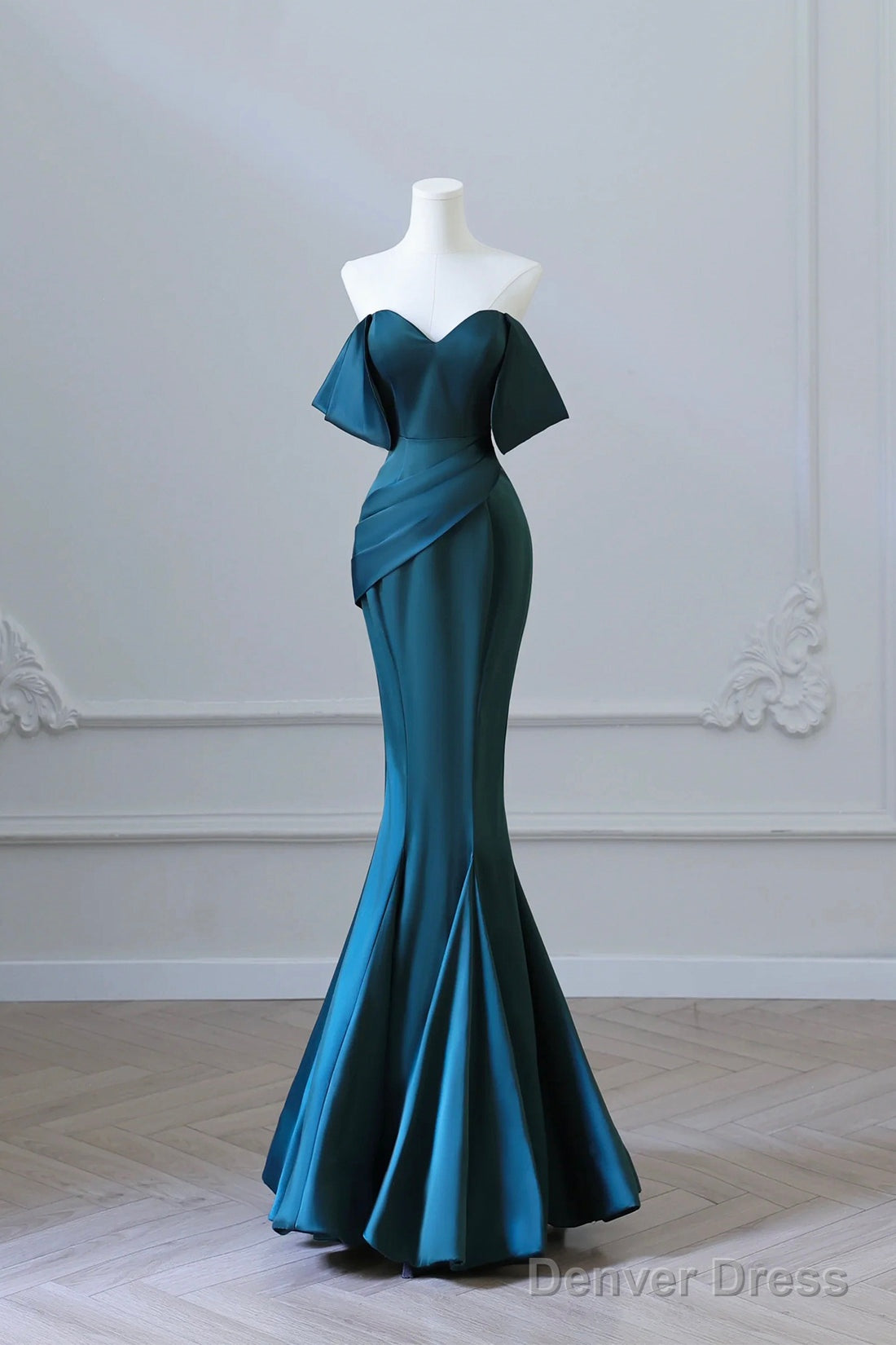 Simple Off Shoulder Satin Ink Blue Long Prom Dress, Ink Blue Mermaid Formal Dress