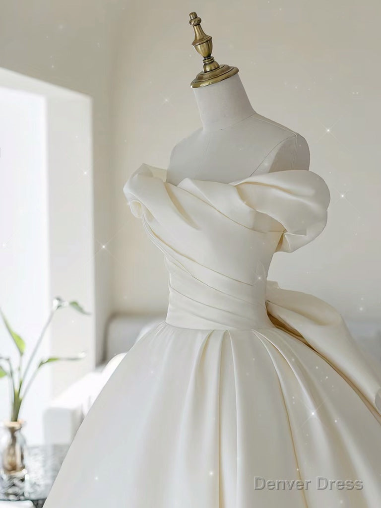 Simple Off Shoulder Satin ivory Long Wedding Dress Secondary image