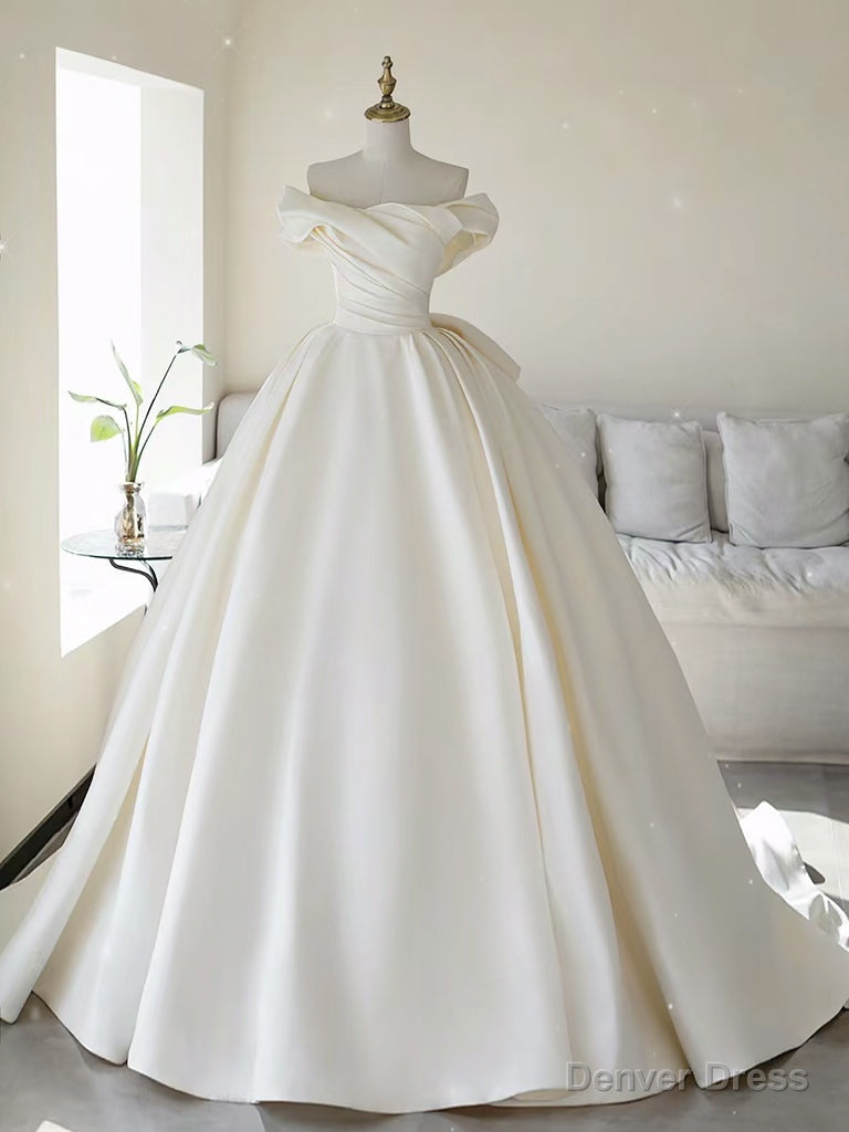 Simple Off Shoulder Satin ivory Long Wedding Dresses Main image